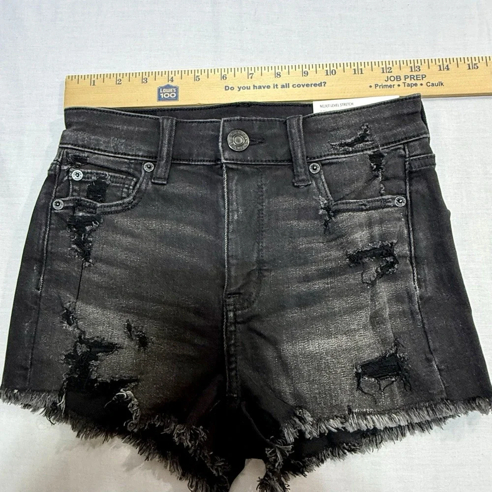 American‎ Eagle Women's 0 Next Level Stretch Hi-Rise Shortie Denim Shorts Black